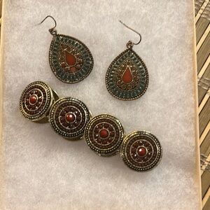 Gold and Red Teardrop Earrings with Intricate Filigree